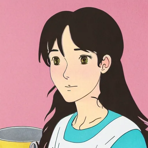 Prompt: portrait of a woman with dark curly hair in a pink shirt and high-rise jeans making sourdough in sunlit kitchen, hyper detailed, by studio ghibli