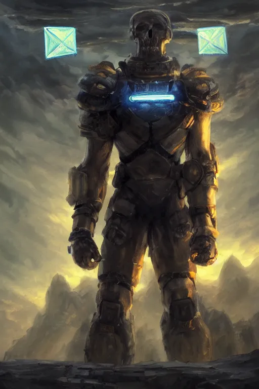 Prompt: a distant shot of a human super soldier with blue and yellow flag and standing alone on a huge pile of human skulls as a winner, masculine figure, D&D, fantasy, bright hopeful atmosphere, volumetric lights, beam of bright light through the clouds, intricate, elegant, highly detailed, extremely detailed, digital painting, artstation, concept art, matte, smooth, sharp focus, hyper realistic, illustration, art by Artgerm and Greg Rutkowski and Alphonse Mucha