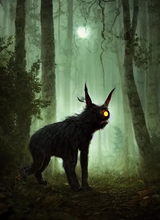 Image similar to a ominous furry creature with long twisted ears standing in a forest, big yellow glowing eyes, dark fantasy, michael kutsche, concept render, cinematic lighting