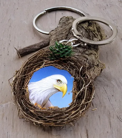 Image similar to realistic keychain of 'an eagle in the nest of a snowy pine tree'