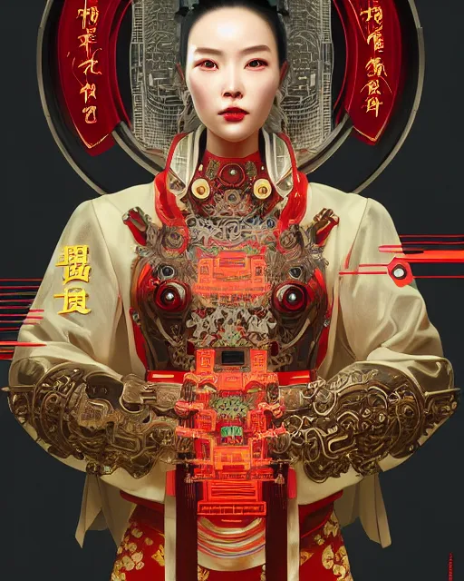 Image similar to portrait of a chinese cyberpunk machine, machine face, robed, upper half portrait, decorated with chinese opera motifs regal royal machine robot cyberpunk fine china, wuxia, traditional chinese art intricate intense elegant highly detailed digital painting artstation concept art smooth sharp focus illustration, art by artgerm and greg rutkowski alphonse mucha 8 k