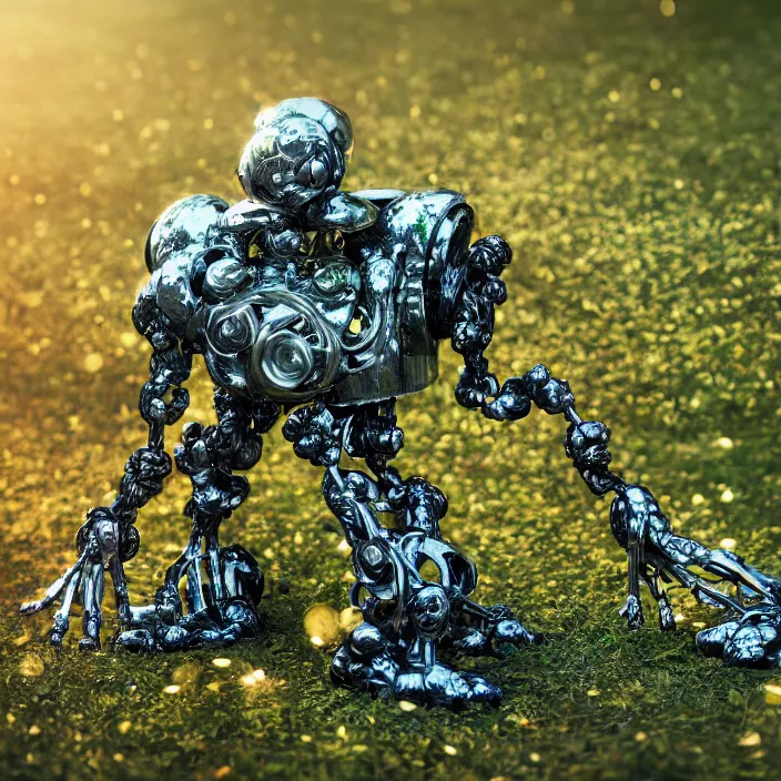 Image similar to overgrown foliage taking over a robot body on the ground, close - up, 3 5 mm, f 1. 8, bokeh, beautiful, lens flare, emotional, sweet, flowers, detailed, picture, trending on artstation, award - winning, shiny, golden