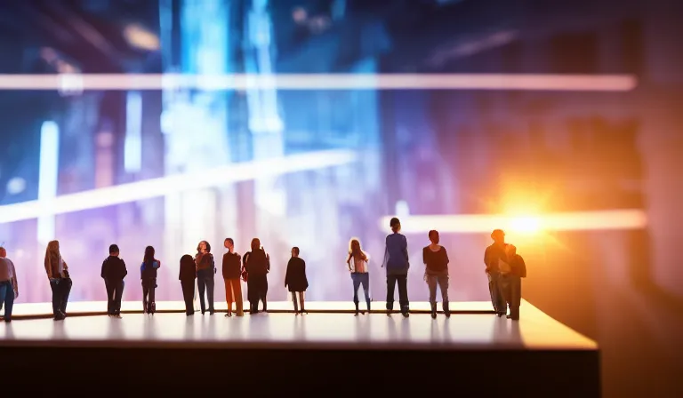 Image similar to group of people in simple warehouse, looking at hologram of futuristic city on a table, cinematic concept art, godrays, golden hour, natural sunlight, 4 k, clear details, tabletop model buildings, center model buildings, hologram center, crane shot, crane shot, crane shot