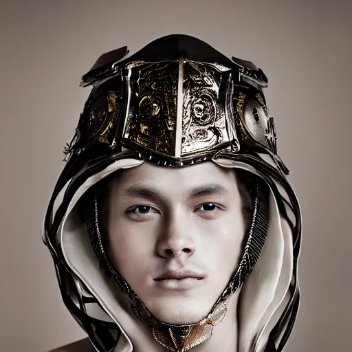 Image similar to a portrait of a beautiful young male wearing an alexander mcqueen armor made of love , photographed by andrew thomas huang, artistic