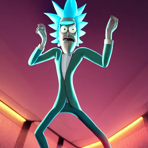 Image similar to full body pose, hyperrealistic photograph of rick sanchez from rick and morty, dim volumetric lighting, 8 k, octane beautifully detailed render, extremely hyper detailed, intricate, epic composition, cinematic lighting, masterpiece, trending on artstation, very very detailed, stunning, hdr, smooth, sharp focus, high resolution, award, winning photo, dslr, 5 0 mm