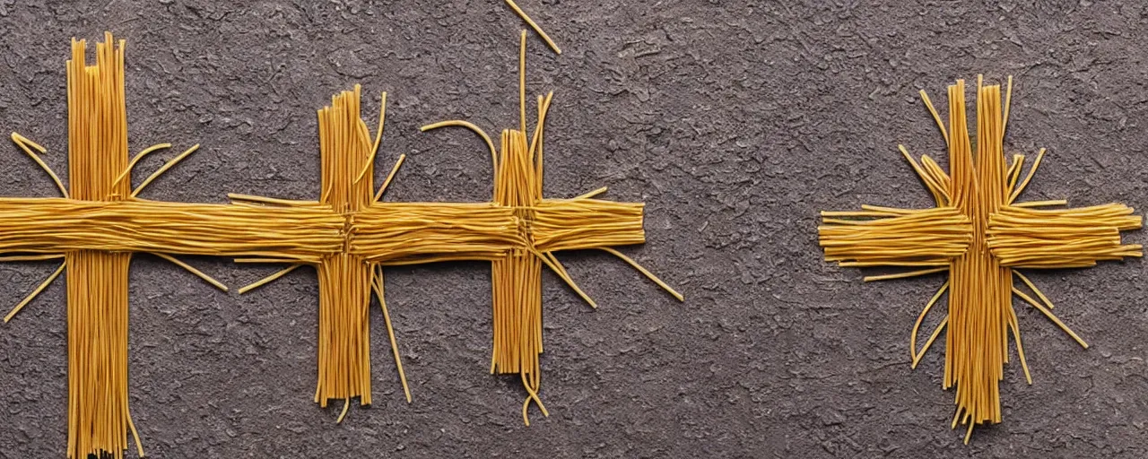 Prompt: a cross made out spaghetti, worn by knights in the crusades, kodachrome, in the style of wes anderson