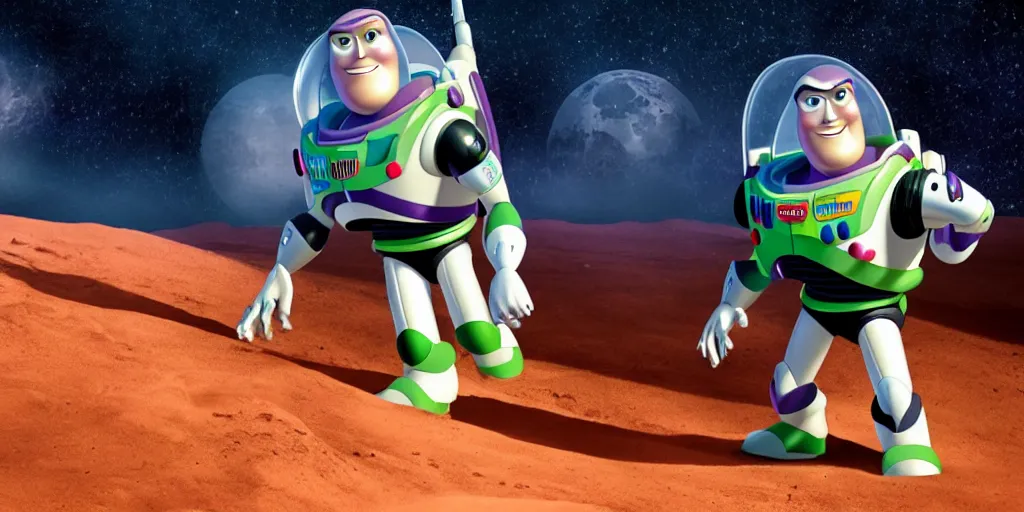 Image similar to buzz lightyear on the moon horror cinematic jordan peele, dark monster aliens blood