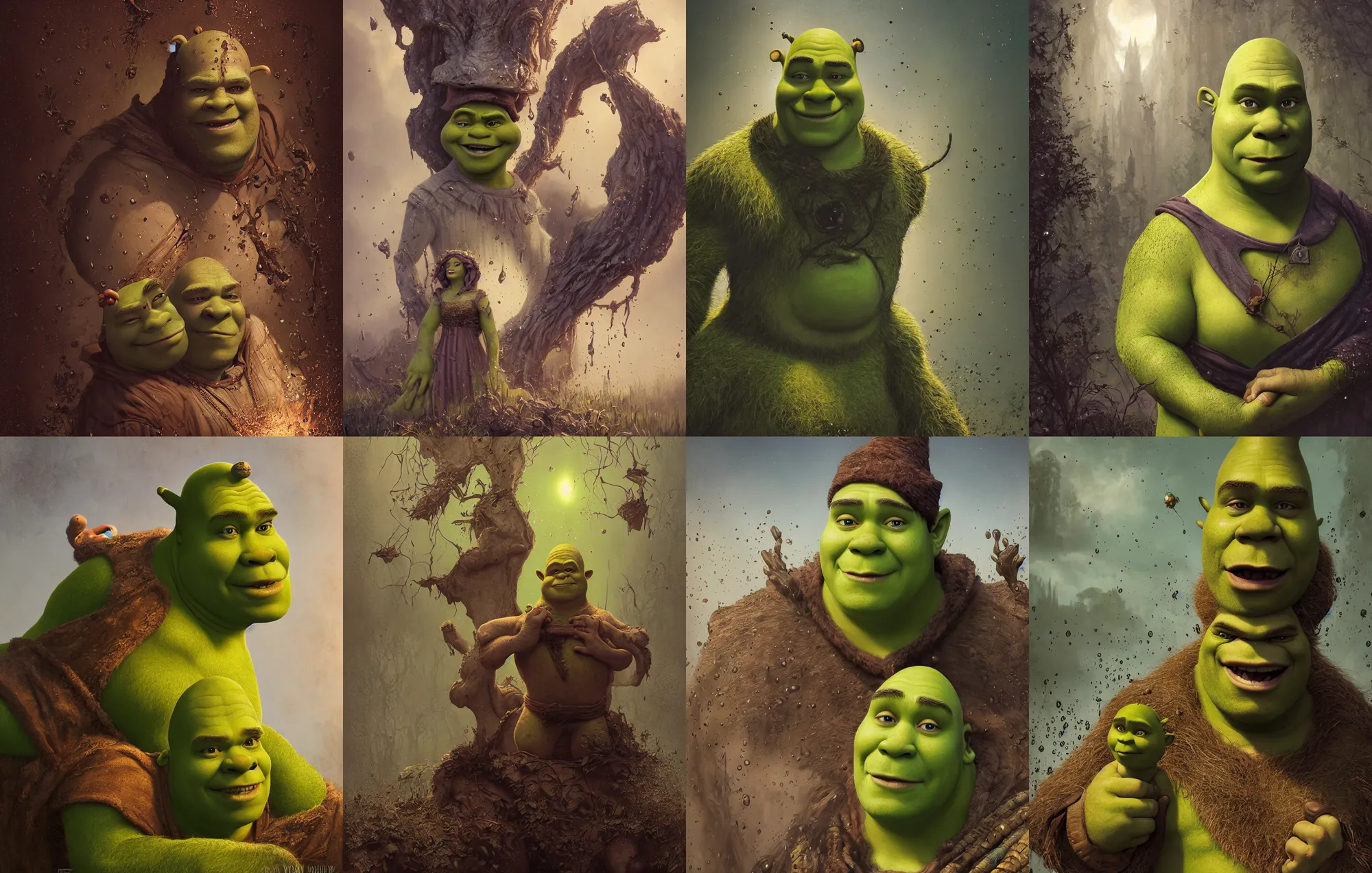 Prompt: Shrek holy portrait by tom bagshaw. legendary fairytale, mythical onion. intricate ogre artwork by Tooth Wu and wlop and beeple and dan mumford. octane render, trending on artstation, greg rutkowski, very coherent fairytale detailing. mud splashing effects. cinematic, hyper realism, high detail, octane render, 8k, depth of field, bokeh, Shrek 2