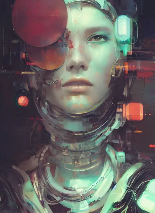 Prompt: surreal illustration, by yoshitaka amano, by ruan jia, by conrad roset, by Kilian Eng, by good smile company, detailed anime 3d render of a female mechanical android, portrait, cgsociety, artstation, modular patterned mechanical costume and headpiece, cyberpunk atmosphere
