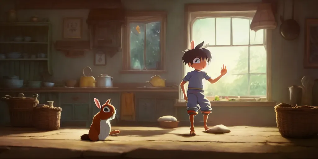 Prompt: a wholesome animation key shot of a cute rabbit boy stretching in a cottage kitchen, medium shot, studio ghibli, pixar and disney animation, sharp, rendered in unreal engine 5, anime key art by greg rutkowski, bloom, dramatic lighting