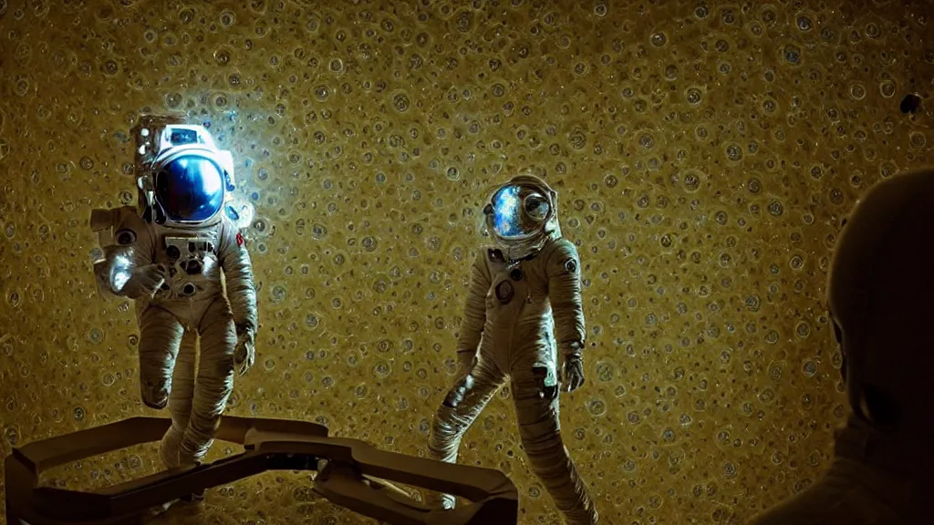 Image similar to a astronaut eva suit covered in diamond 3d fractal lace iridescent bubble 3d skin and covered with insectoid compound eye camera lenses floats through the living room, film still from the movie directed by Denis Villeneuve with art direction by Salvador Dalí, wide lens,