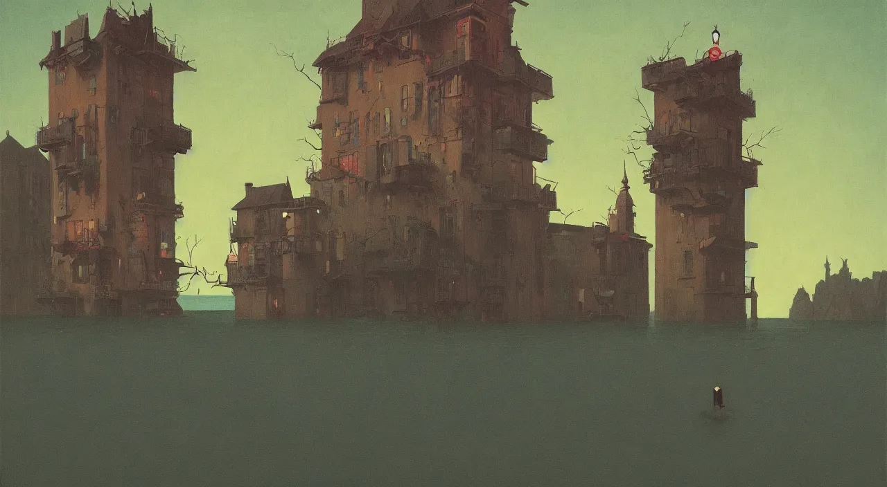 Prompt: single flooded simple horror tower, very coherent and colorful high contrast!! masterpiece by rene magritte simon stalenhag carl spitzweg syd mead norman rockwell edward hopper james gilleard, minimalist, dark shadows, sunny day, hard lighting