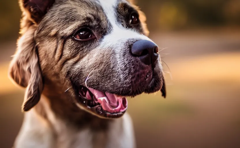 Image similar to portrait of a happy dog, natural light, lens flare, detailed face, cinematic lighting, 8 k