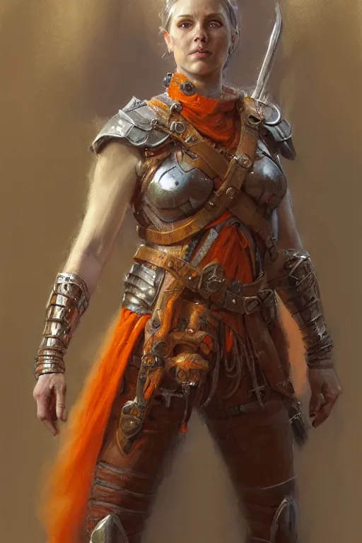 Image similar to full - body portrait of a ranger, female, white and orange breastplate, magical, high fantasy, d & d, by donato giancola, craig mullins, jeremy mann, face details, extremely detailed, digital illustration