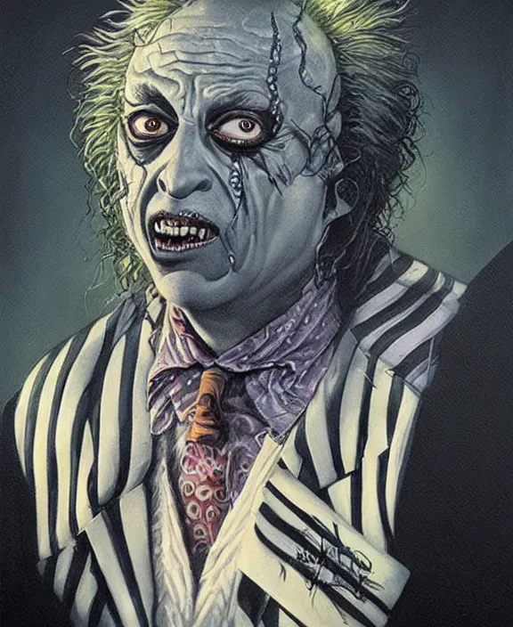 Image similar to portrait illustration of Beetlejuice, Les Edwards poster art, detailed