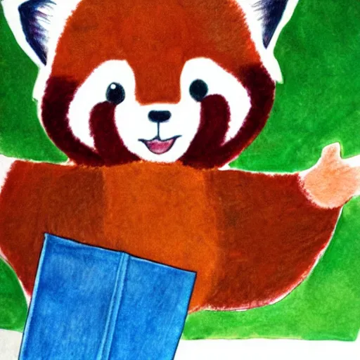 Prompt: friendly red panda waving at viewer, children's book drawing