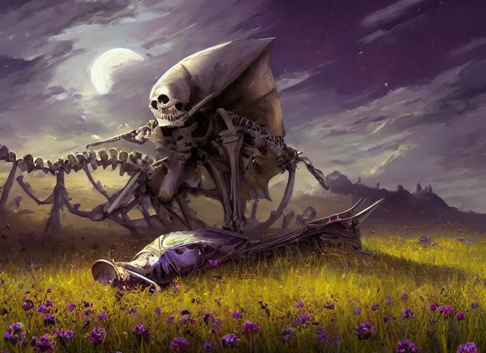 Image similar to a knight's skeleton killed long ago lays in a vast flower field in the cosmic sky by vladimir volegov and alexander averin and peder mørk mønsted and ross tran and raphael lacoste