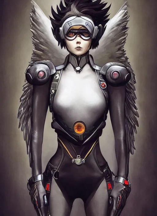 Image similar to full body artwork of tracer overwatch, wearing leather collar, in style of zdzisław beksinski, angel wings, dramatic painting, symmetrical composition, wearing detailed leather collar, black shiny armor, chains, black harness, detailed face and eyes,