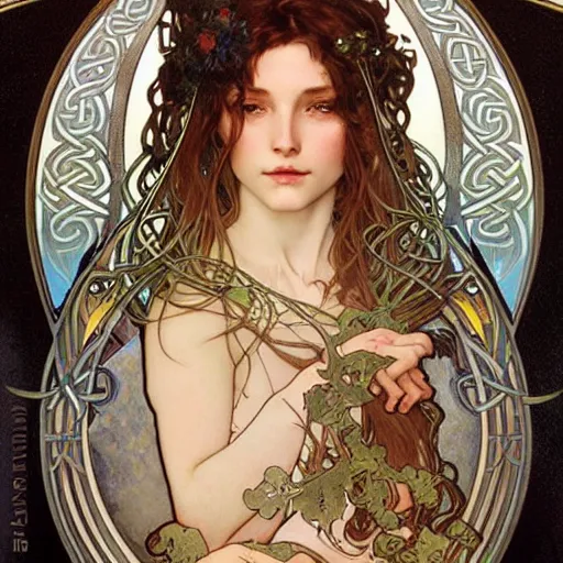 Prompt: realistic detailed face portrait of a beautiful Celtic Goddess by Alphonse Mucha, Ayami Kojima, Amano, Charlie Bowater, Karol Bak, Greg Hildebrandt, Jean Delville, and Mark Brooks, Art Nouveau, Neo-Gothic, gothic, rich deep moody colors