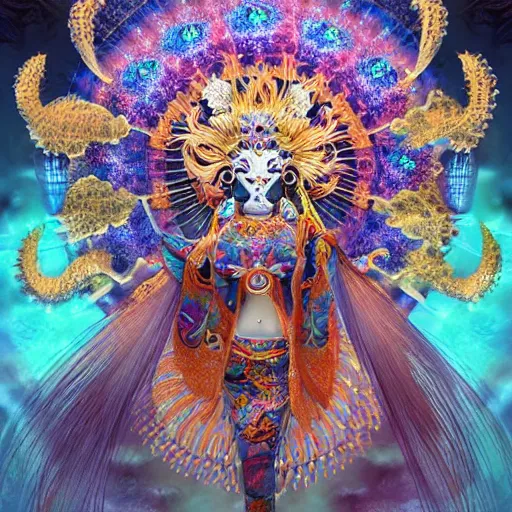 Prompt: 3 d goddess frontal view full body, astral projection, with ram golden skull. beautiful intricately detailed japanese fractal kitsune mask and clasical japanese kimono. betta fish, jellyfish fractal, bio luminescent, plasma, ice, water, wind, creature, indian temple, mandelbulb, fractal, artwork by tooth wu and wlop and beeple and greg rutkowski