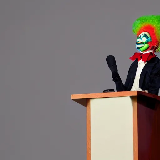 Image similar to mad puppeteer using marionette of a president thats has clown makeup in a podium