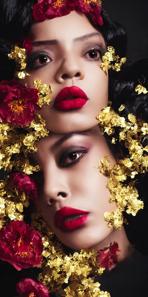 Image similar to Portrait of a European woman, black, close-up, high sharpness, zeiss lens, fashion photo shoot, peony flowers, red hair, red lipstick, in the background of gold, they have rhinestones on their face, Edward Buba, Annie Leibovitz and Steve McCurry, Leslie Zhang, David Lazar, Jimmy Nelsson, Eiko Hosoe, artistic, hyperrealistic, beautiful face, octane rendering