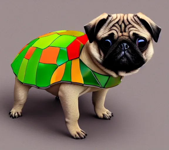 Image similar to a cute pug wearing a cute turtle outfit, digital art, colourful