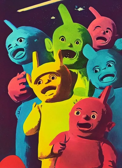 Image similar to teletubbies horror movie poster, grotesque, scary, high details, minimalist, by vincent di fate, artgerm julie bell beeple, inking, 1960s, vintage 60s print, screen print