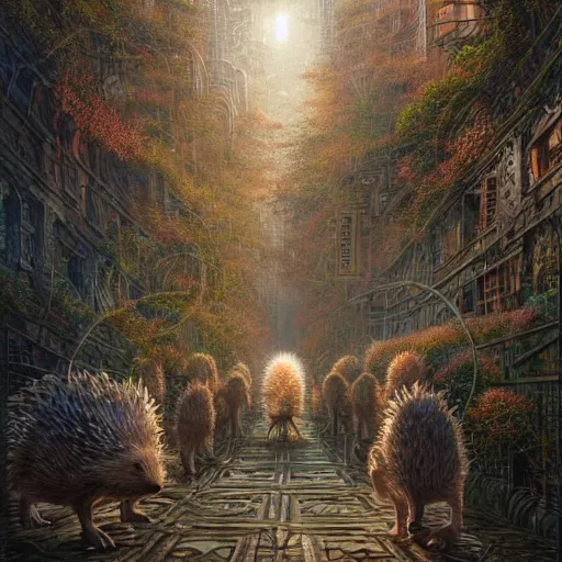 Image similar to hedgehog opalescent walkway quantum digital art matte painting hyper realism sharp focus intricate details by tomasz alen kopera, victo ngai, greg rutkowski, tim white, beksinski, artgerm, paul lehr, andreas rocha