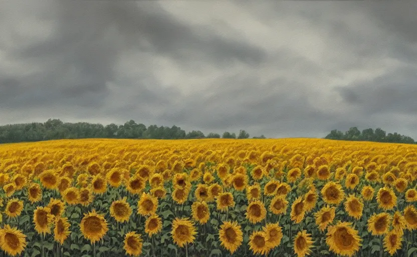 Image similar to A moody painting of an overcast day, clouds, rolling hills, sunflowers, tulips, tree stump, Wes Anderson