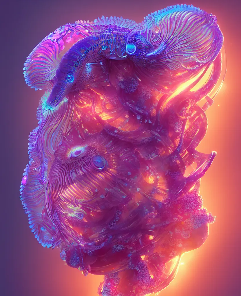 Image similar to goddess close-up portrait. dichroic orchid jellyfish phoenix head, nautilus, skull, betta fish, bioluminiscent creatures, intricate artwork by Tooth Wu and wlop and beeple. octane render, trending on artstation, greg rutkowski very coherent symmetrical artwork. cinematic, hyper realism, high detail, octane render, 8k