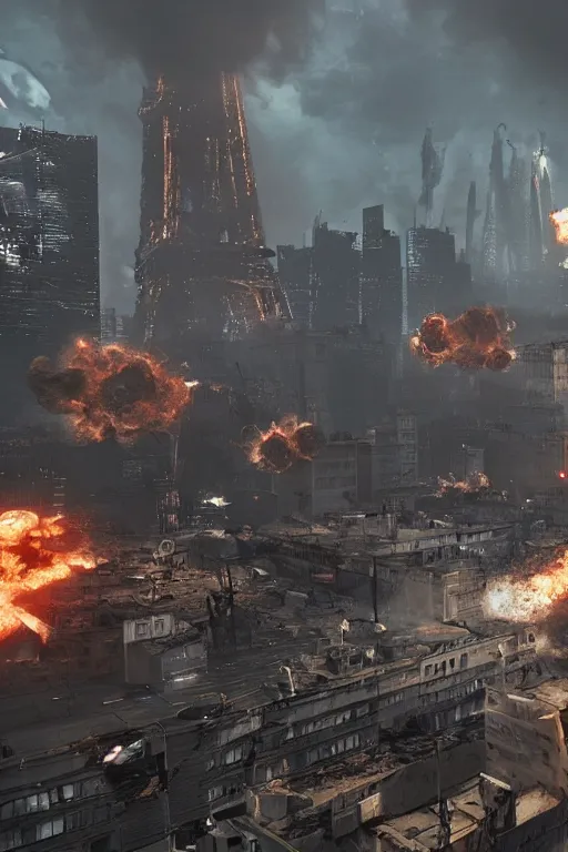 Image similar to paris cyberpunk attacked by aliens, lots of explosions and destroyed building, realistic, high definition, many details, dramatic scene, detailed and realistic hands, symmetrical face, realistic eyes, art of unreal engine 5