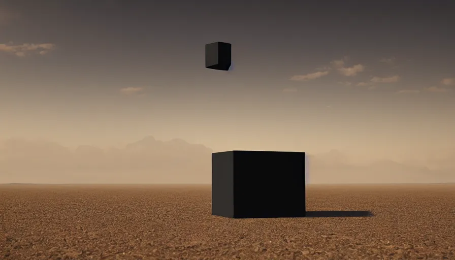 Image similar to a vast wasteland, 1 levitating black cube made of obsidian, cinematic lighting, behance hd, trending on artstation, national geographic photography, digital painting, matte painting