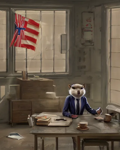 Image similar to artstation scifi scene of a weasel in suits drinking tea ， in an shabby office, wooden, furnitures ， many brocade flags summer unreal engine 5, hyper realism, realistic shading, cinematic composition, blender render, octane render, hdr, detailed textures, photorealistic, wide shot