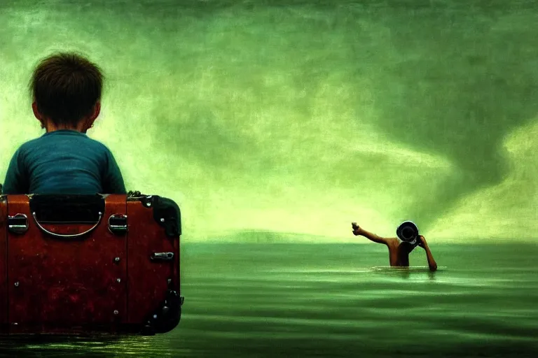 Image similar to hyperrealistica boy with binoculars sits on a suitcase floating on the sea, in the style of beksinski, solarpunk, atmospheric, clean, intricate and epic composition, green by caravaggio, insanely quality, highly detailed, masterpiece, blue light, artstation, 4 k