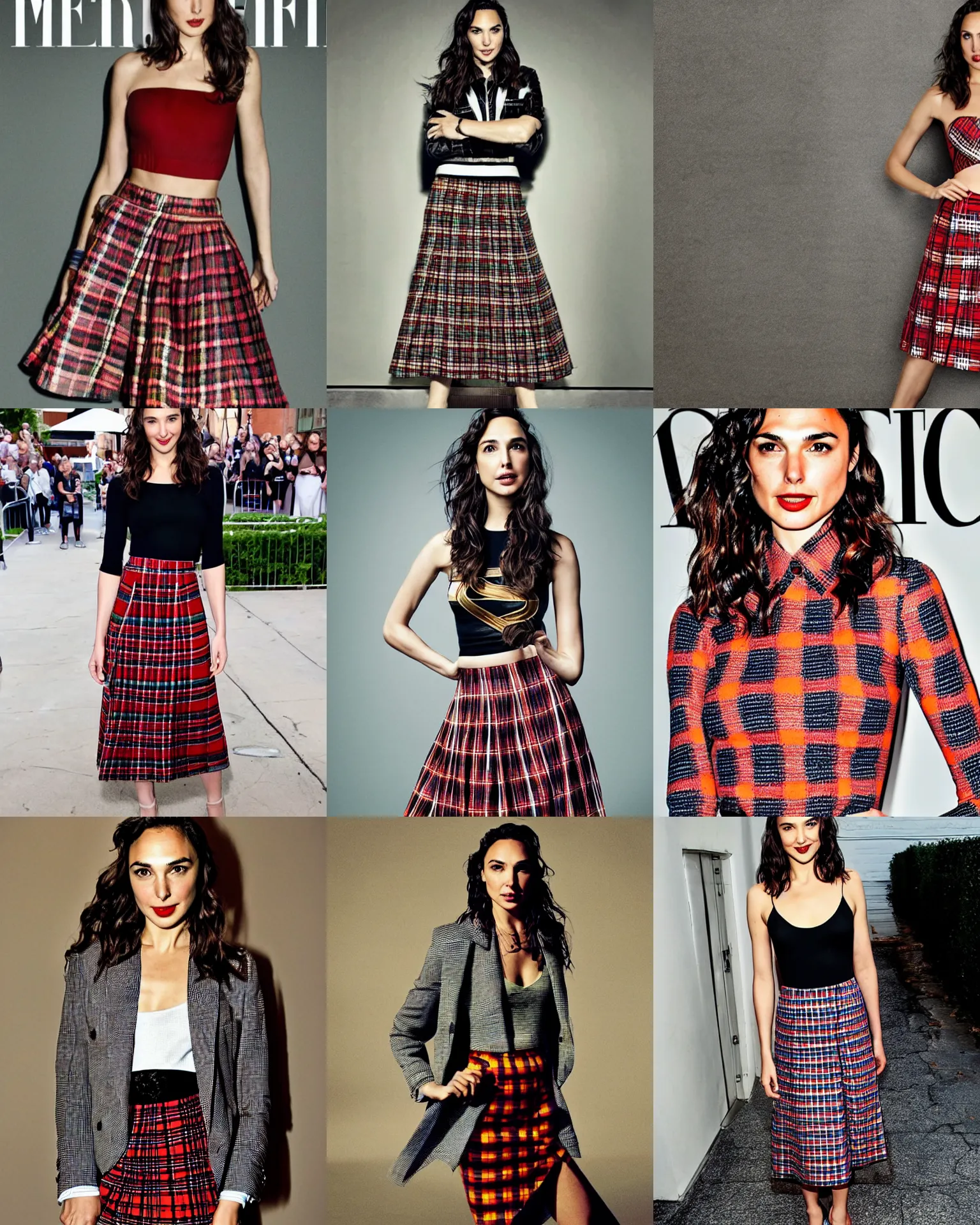 Prompt: Gal Gadot wearing a Lindsay Plaid Skirt, photographed in the style of Mario Testino