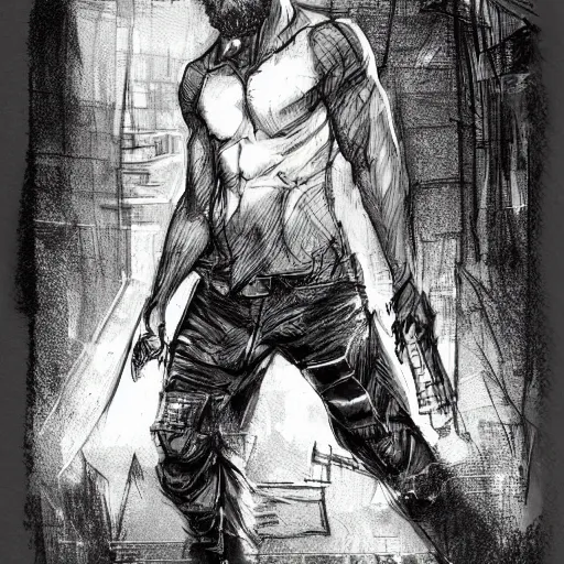 Image similar to concept art character, very high angle view, book cover, very attractive man with beard, walking in cyberpunk valley highly detailed full body, strong masculine features, sturdy body, command presence, royalty, smooth, sharp focus, organic, appealing, book cover, deep shadows, by Dave McKean sketch lineart for character design