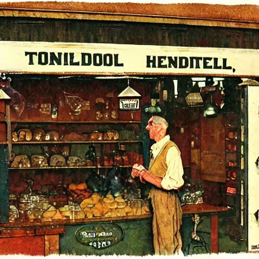 Image similar to old general store, headless person approaches the counter, by norman rockwell, tonal color scheme, antique, retro atmosphere.