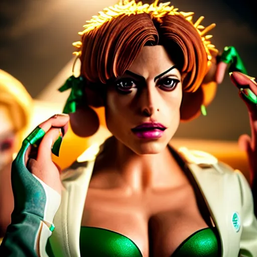 Image similar to cinematic scene with eva mendes as jolyne from jojo's bizarre adventure, live action film, stone ocean, dramatic, small details, volumetric lighting, still frame