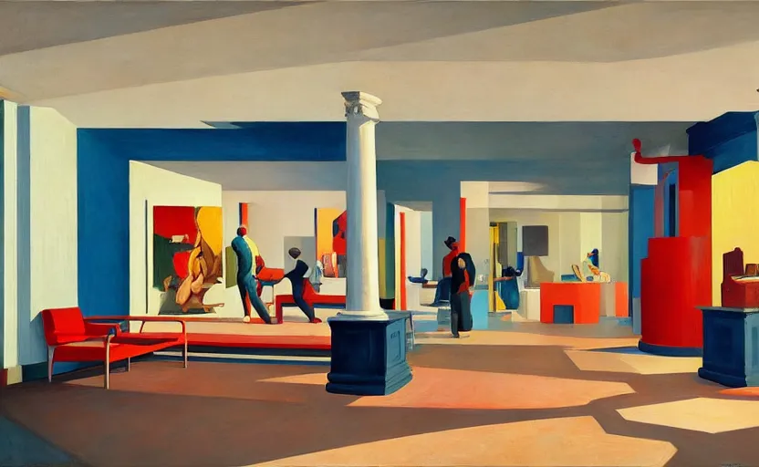 Prompt: Interior shot of contemporary museum with abstarct arts hanging on the wall, very coherent, painted by Edward Hopper, painted by James Gilleard, airbrush, art by JamesJean