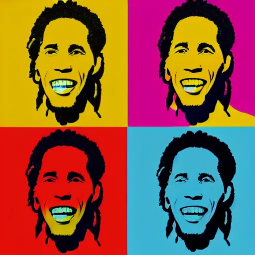 Prompt: Pop-art portrait of Bob Marley in style of Andy Warhol, photorealism