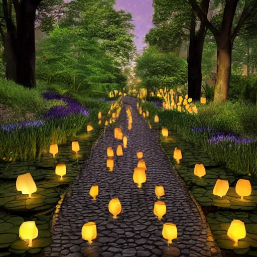 Image similar to photorealistic beautiful lotus blossom forest at dusk with paper lanterns illuminating a cobblestone pathway. hyperdetailed photorealism, 1 0 8 megapixels, koi pond, amazing depth, glowing rich colors, powerful imagery, psychedelic overtones, 3 d finalrender, 3 d shading, cinematic lighting, artstation concept art