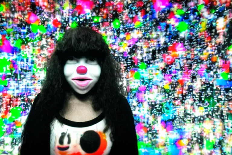 Image similar to cute clowngirl in clowncore cyberspace, fractal, in 2 0 5 5, y 2 k cutecore clowncore, bathed in the glow of a crt television, crt screens in background, low - light photograph, in style of tyler mitchell