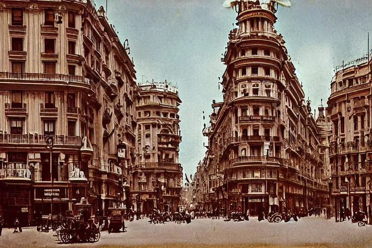 Prompt: The Madrid Gran Vía, steampunk, Victorian era style, 1890 photo, retro futuristic, highly detailed, in colors, hyper realistic