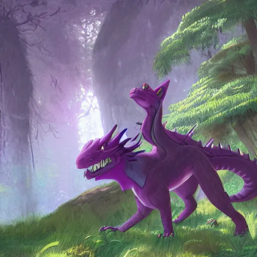 Image similar to concept art painting of an anthropomorphic purple humanoid furry dragon, in the deep forest, realistic, detailed, cel shaded, in the style of makoto shinkai and greg rutkowski and james gurney