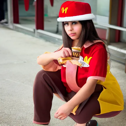 Image similar to 1 8 year old, mexican girl, brown hair brown eyes, in mcdonalds outfit, working, high quality, 8 k,