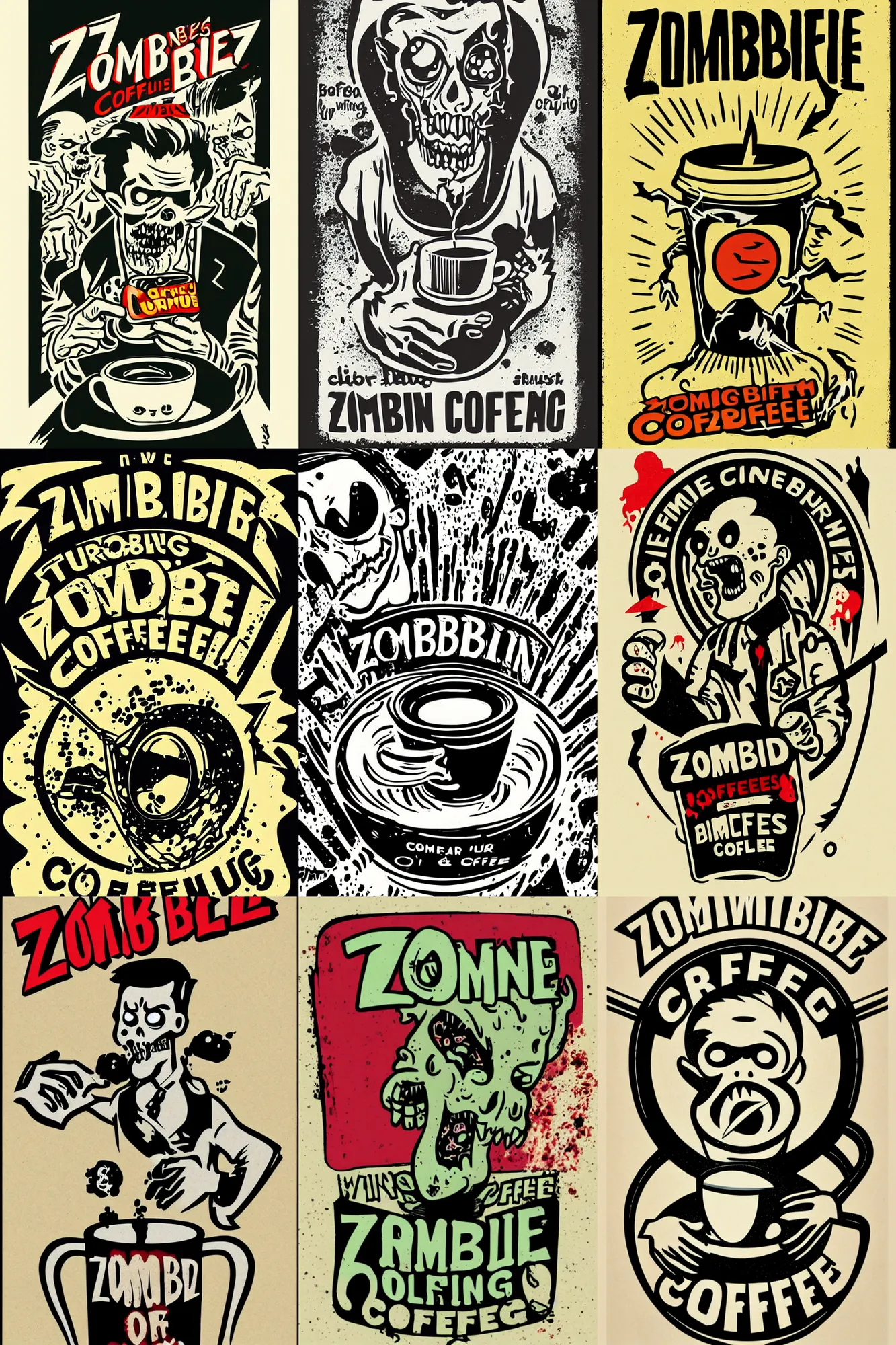 Image similar to zombie drinking coffee logo, take away coffee, by mcbess, full colour print, vintage colours, lightning bolts, 1950s