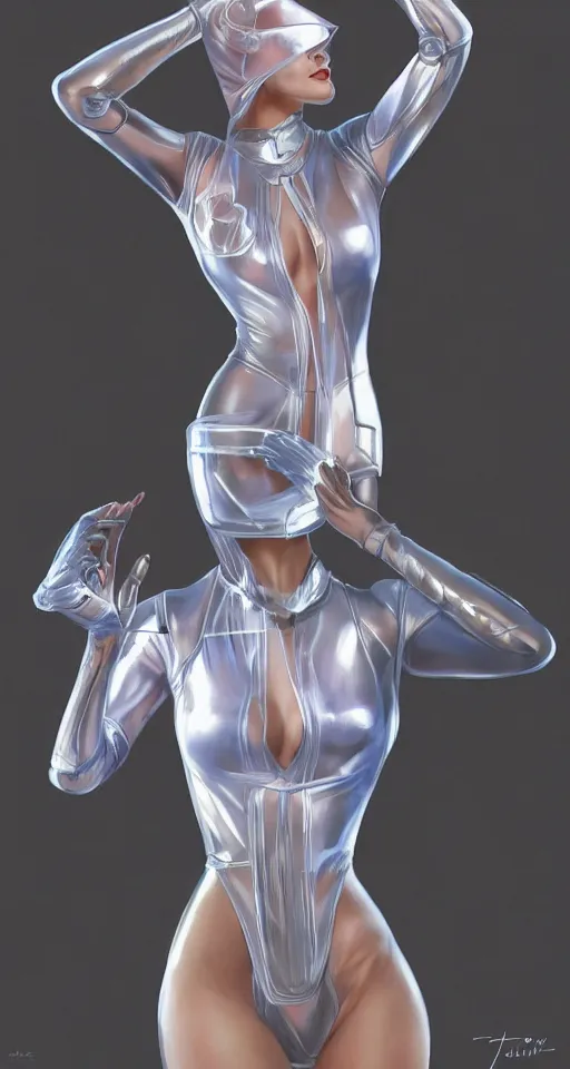 Prompt: beautiful female in futuristic bodysuit (teddy) with transparent plastic hood, intricate, elegant,highly detailed, digital painting, artstation, concept art, smooth, sharp focus, illustration, by artgerm and James Jane and Alphonse Mucha