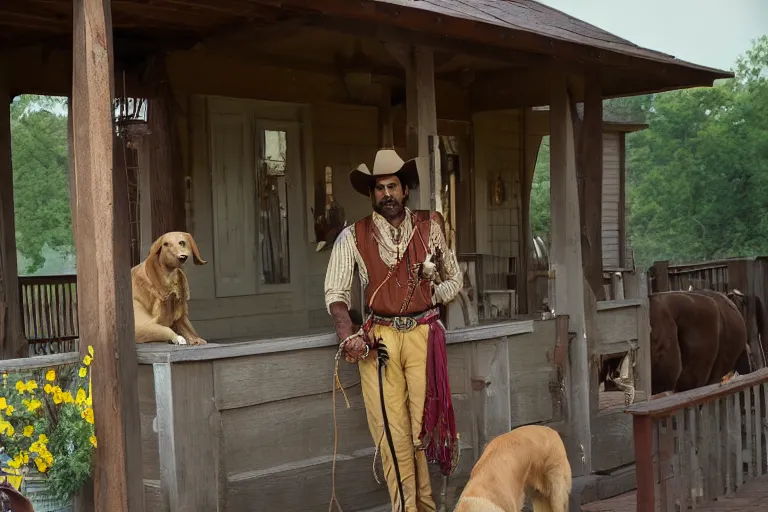 Prompt: Indian cowboy on the country western porch with his golden retriever cinematography by Steven Spielberg