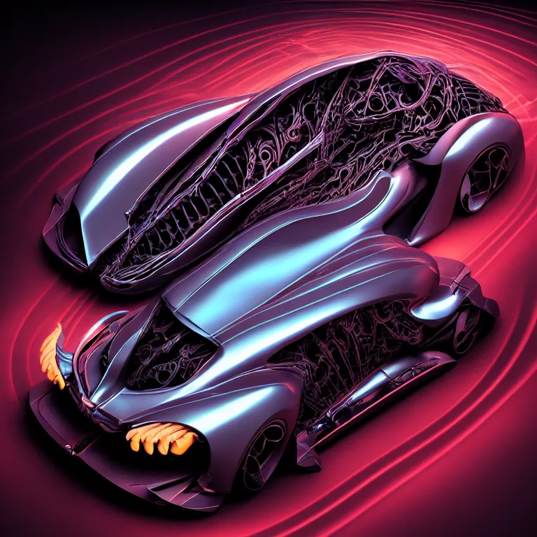 Image similar to biomechanical ribbed spinal dark supercar car, car concept art, baroque painting, beautiful detailed intricate insanely detailed octane render, 8K artistic photography, photorealistic, chiaroscuro, Raphael, Caravaggio, lit by colorful pastel neon lights